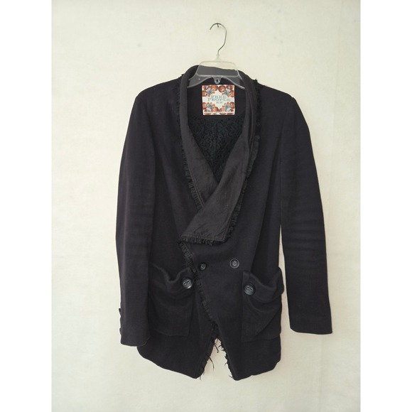 Free People Jackets & Blazers - Free People Knit Blazer Womens Medium Black Lace Trim‎ Shawl Collar Jacket Goth
